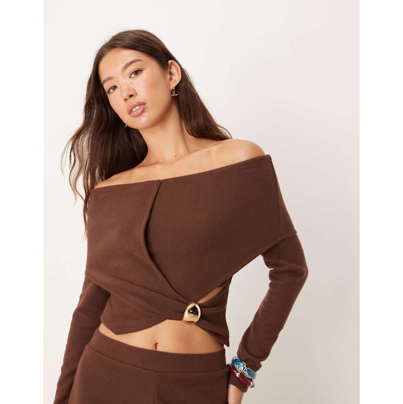ASOS DESIGN Supersoft off shoulder top with hardware detail co-ord in dark chocolate - BROWN
