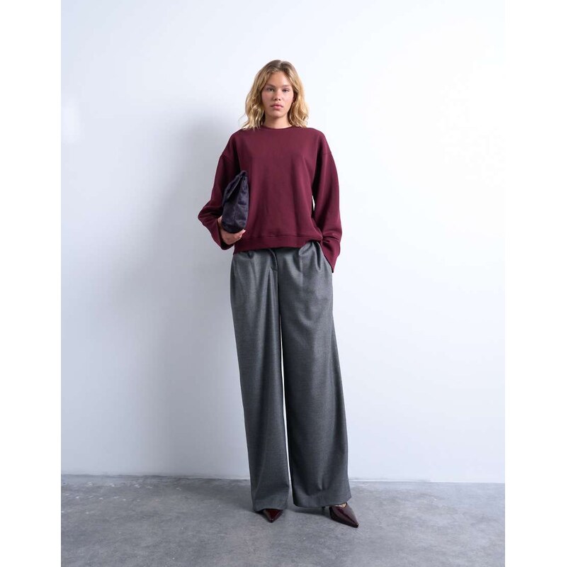 Topshop clean oversized deep cuff sweat in burgundy-Red