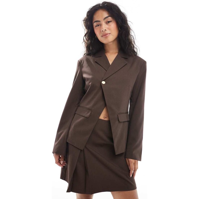 Pieces tailored asymetric hammered button blazer co-ord in brown 108006506