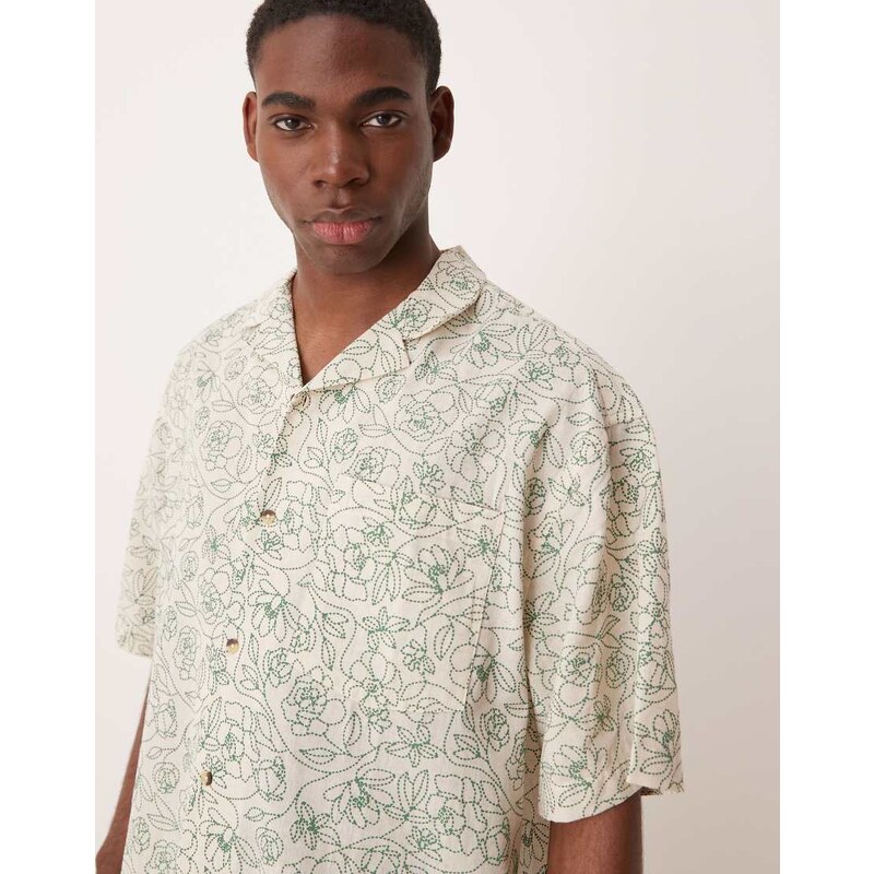 ASOS DESIGN boxy oversized revere linen look shirt with floral print in cream-Neutral