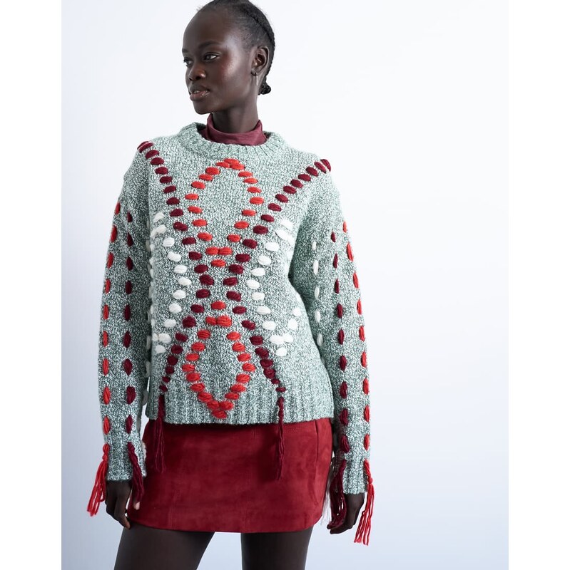 Topshop knitted argyle embroidered jumper in green