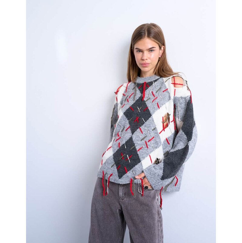 Topshop knitted argyle distressed jumper-Grey 108022962