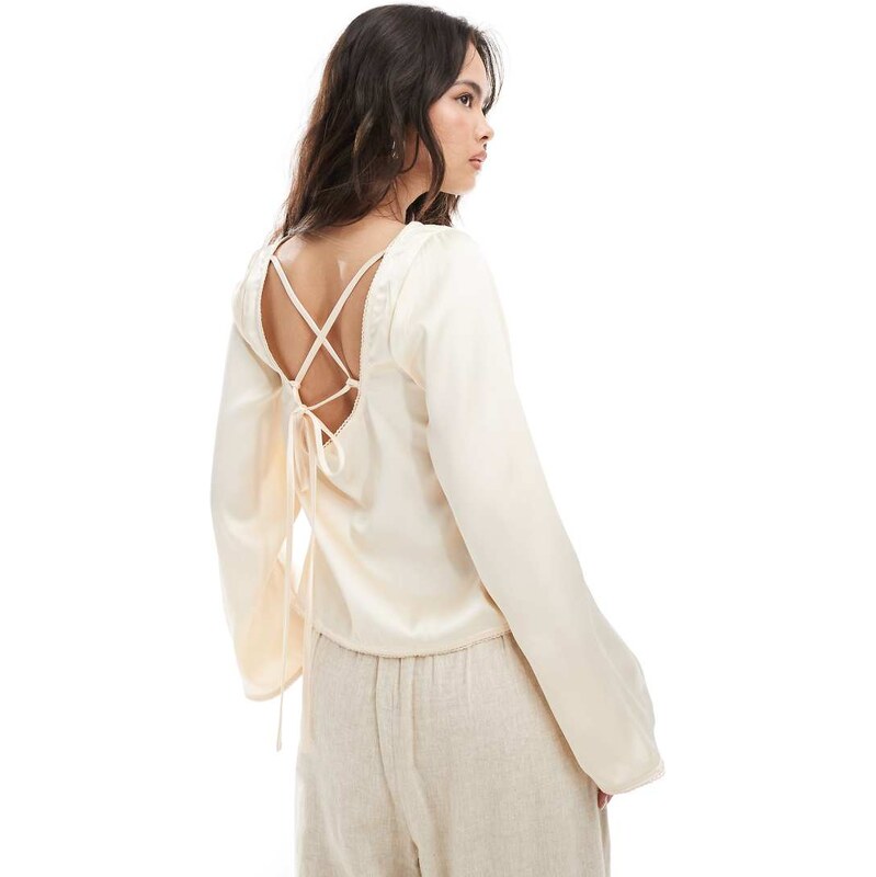 ASOS DESIGN tie back satin long sleeve top in oyster-White