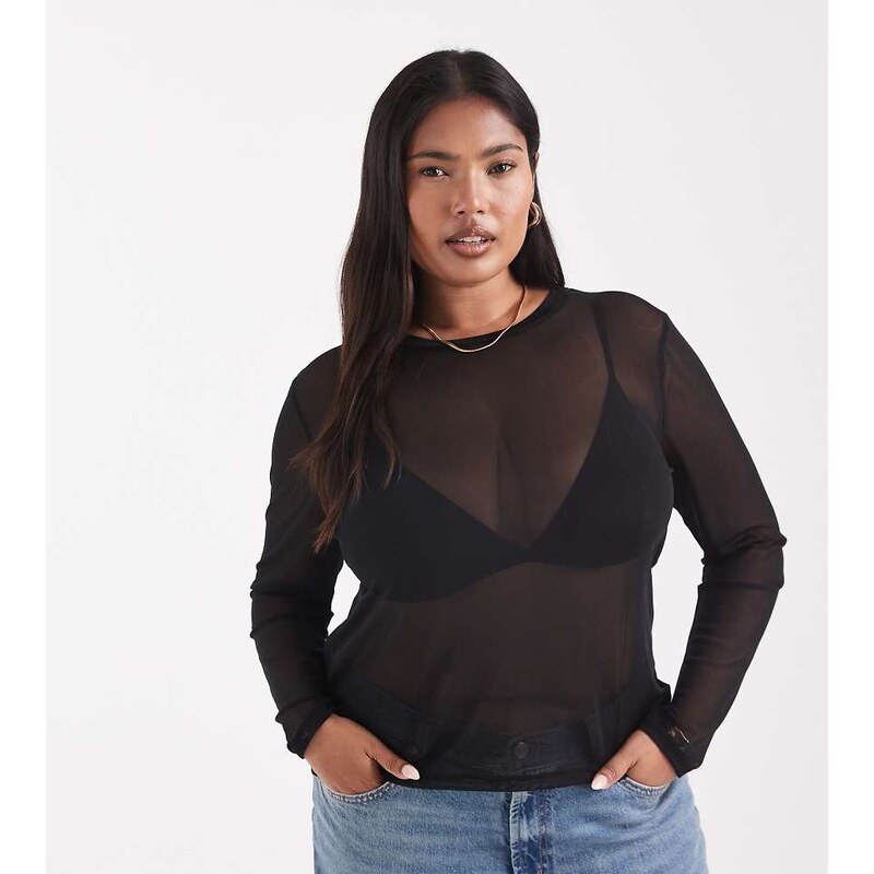 Noisy May Curve long sleeve mesh top in black 108020002