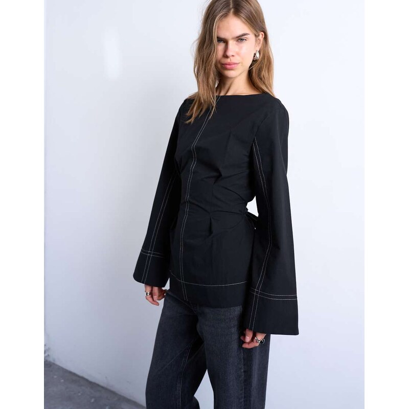 Topshop long sleeve tie waist top in black with contrast stitch