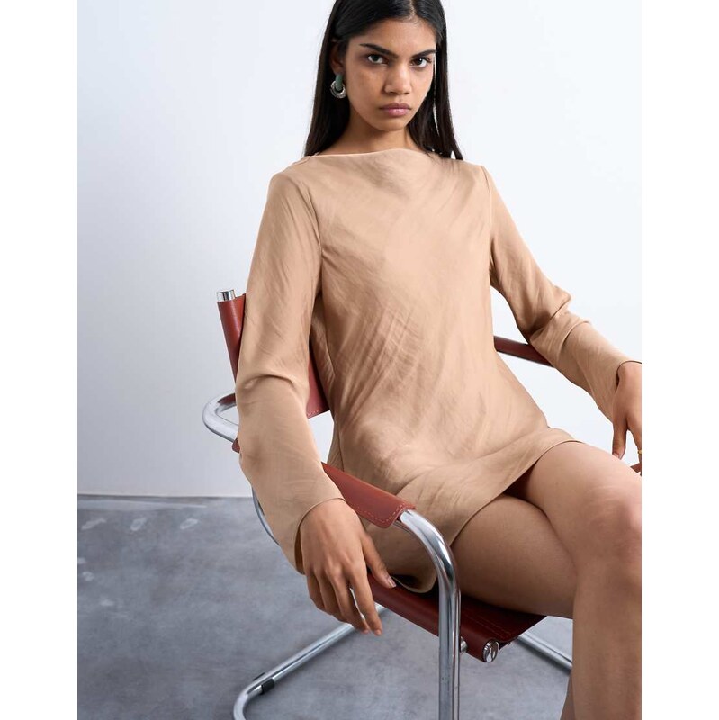 Topshop cowl back long sleeve mini satin in caramel-Copper