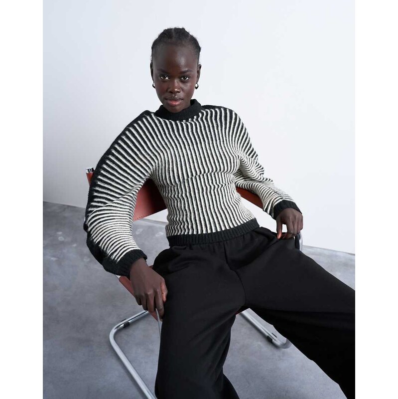 Topshop cocoon plated ribbed jumper in black and white-Multi 108473529