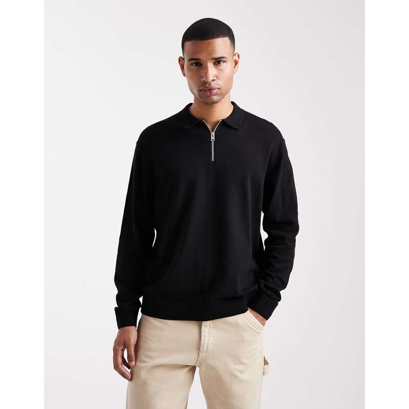 Jack & Jones quarter zip knitted polo in black
