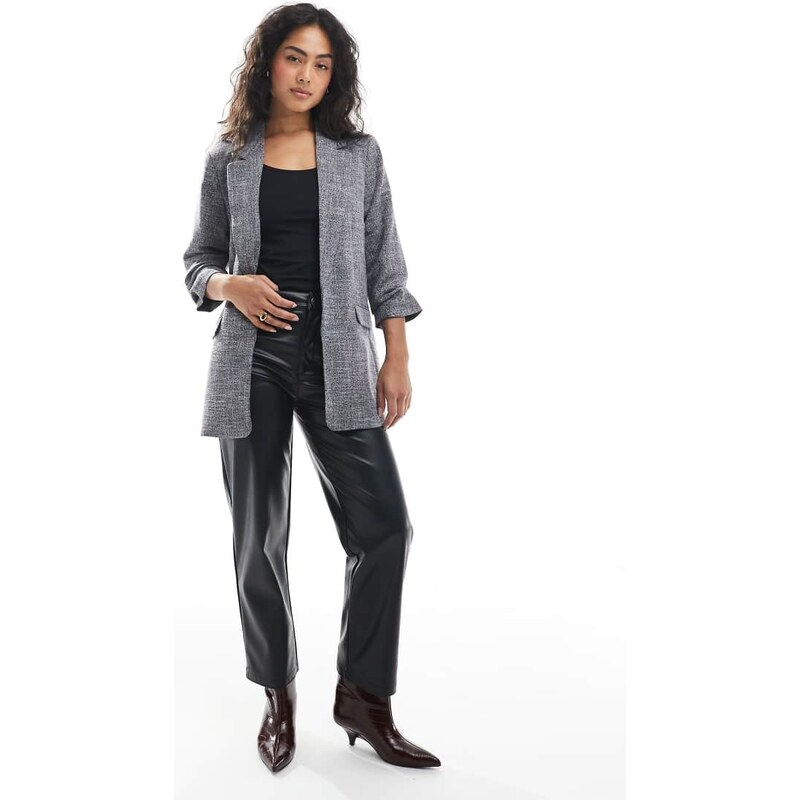 Vero Moda ruched sleeve blazer in salt and pepper melange-Black 115513297