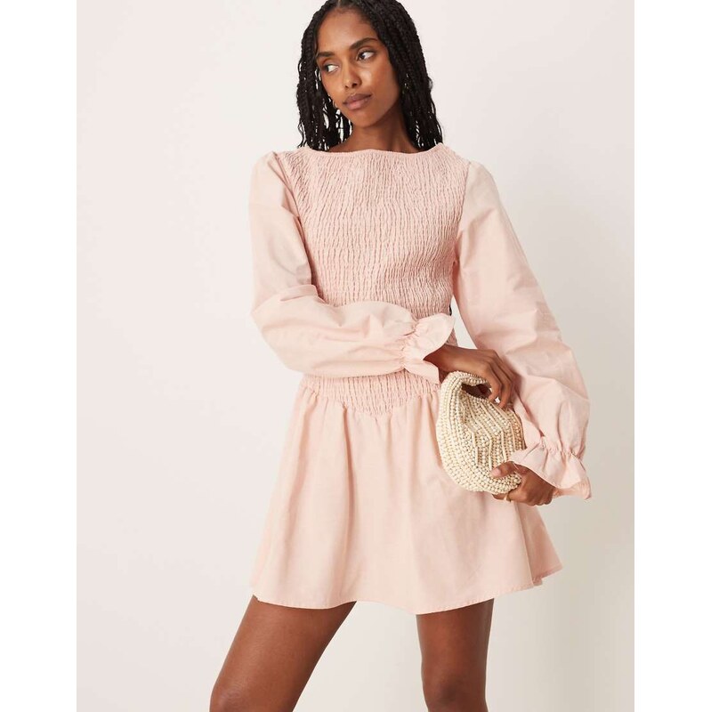 ASOS DESIGN linen blend shirred mini dress in pink