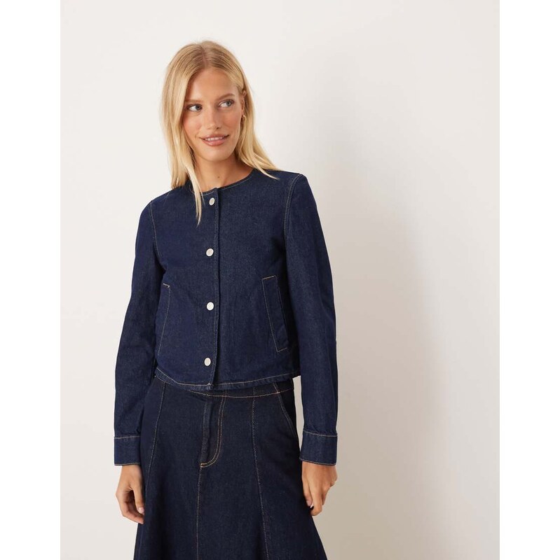 Mango collarless denim jacket in indigo-Blue