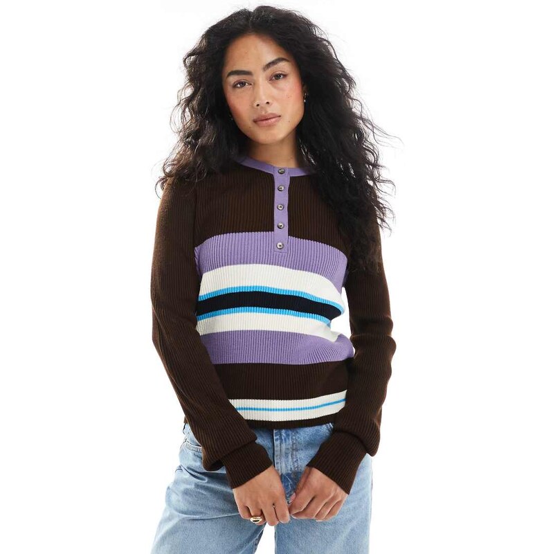 ASOS DESIGN knitted henley top in brown stripe-Multi 108006607