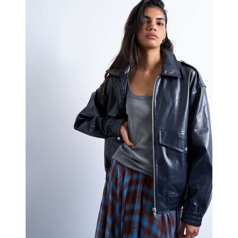 Topshop faux leather washed blue bomber jacket in washed blue 108228980