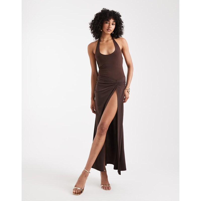 Miss Selfridge halter neck maxi dress in chocolate-Brown 108012365