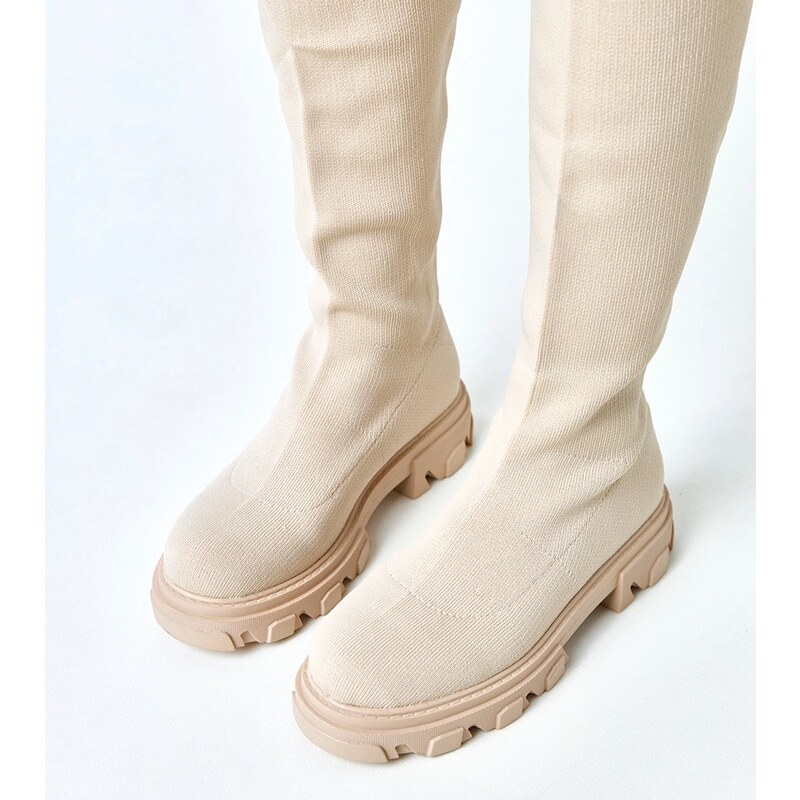 Gemre Long beige fabric platform boots Athira