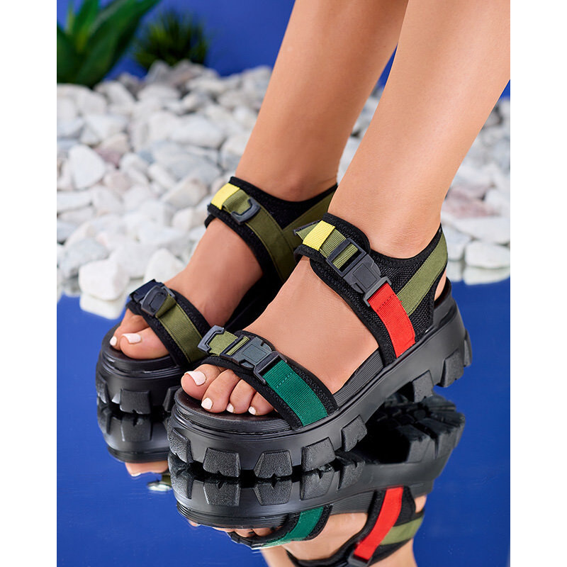 Resti Green and black womens sandals on a solid sole Rodeksi 108016103