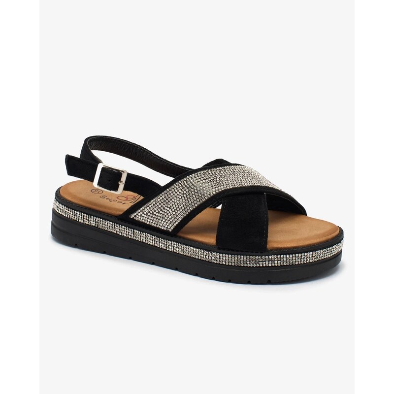 Resti Black womens eco-suede sandals with zircons Trikys 108016102
