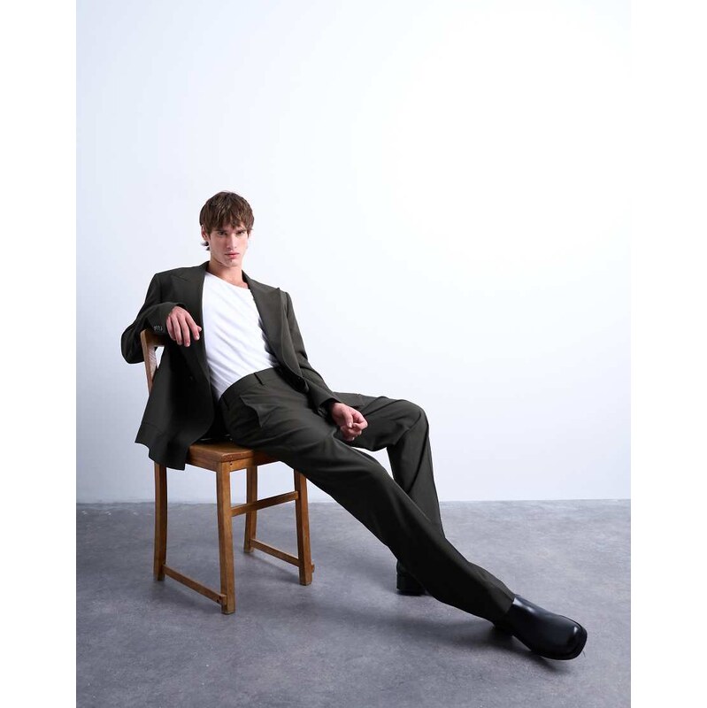 Topman straight wool touch trousers in dark green