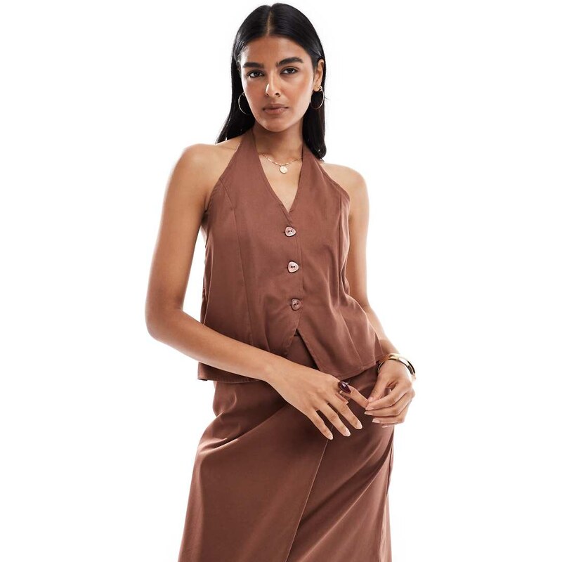 Pieces halterneck waistcoat co-ord in chocolate brown 114708657