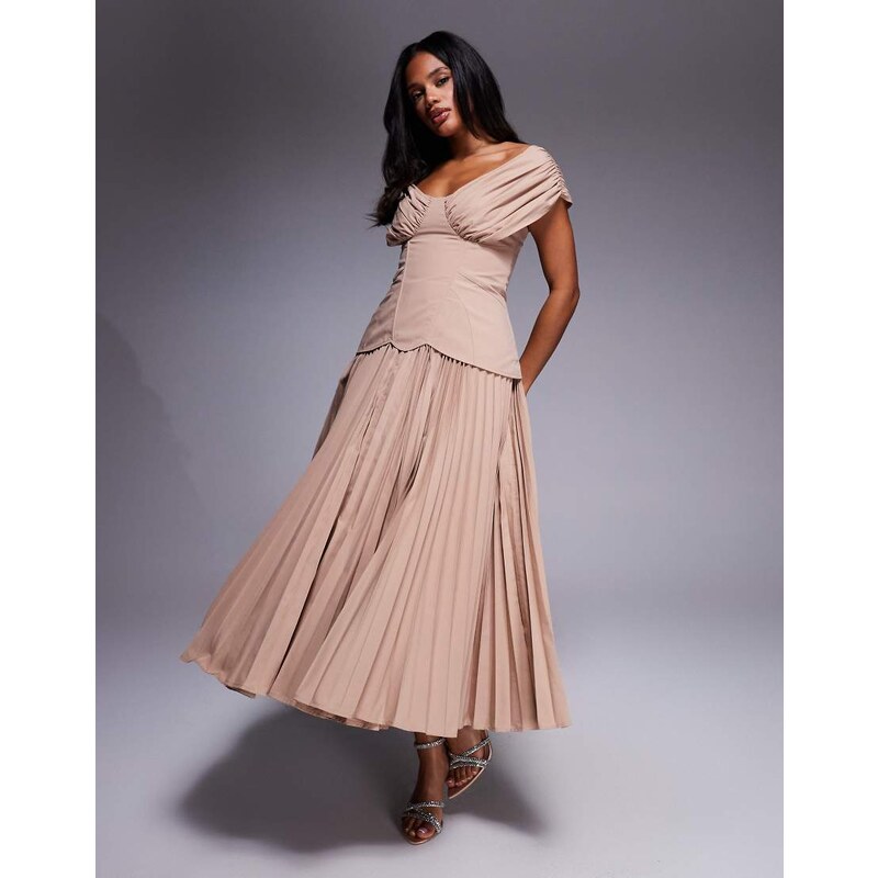 ASOS LUXE off shoulder pleated with moulded hips midi dress in mocha 108022958