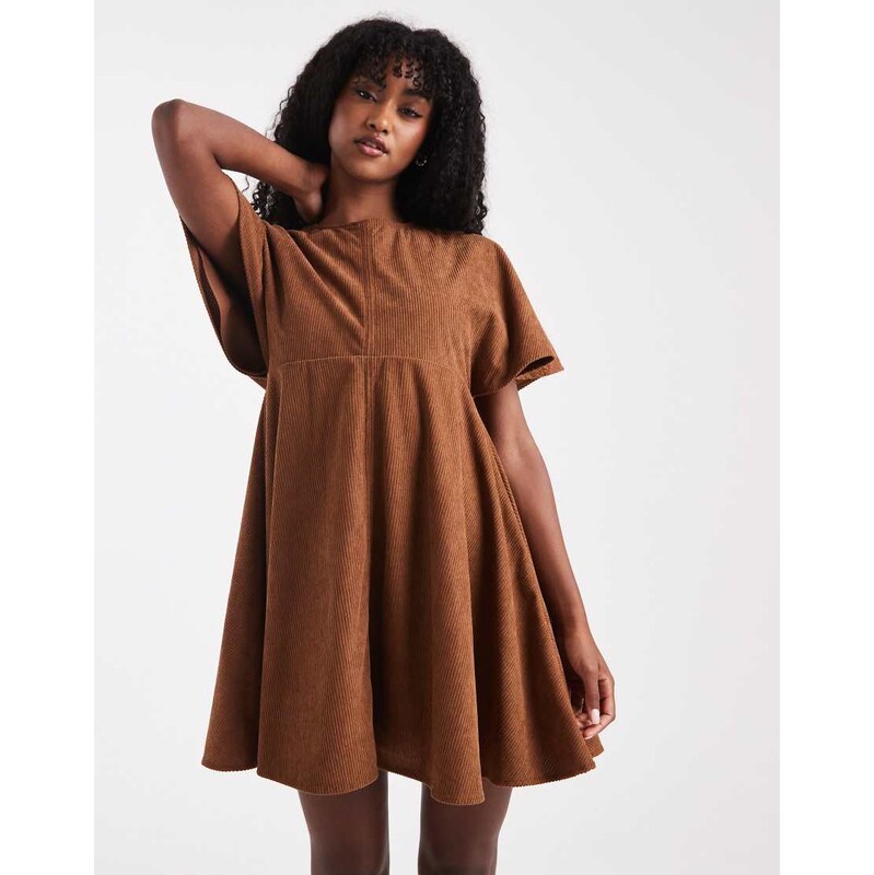 ASOS DESIGN cord t-shirt mini dress with stitching detail in tan