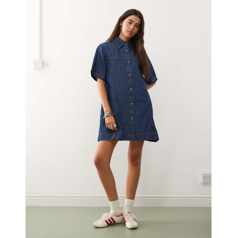 Reclaimed Vintage denim shirt mini dress in mid blue wash with