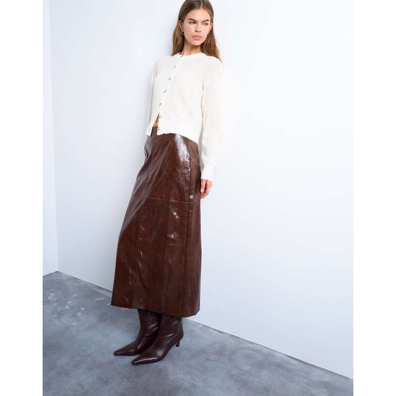Topshop faux leather high shine midi skirt in brown