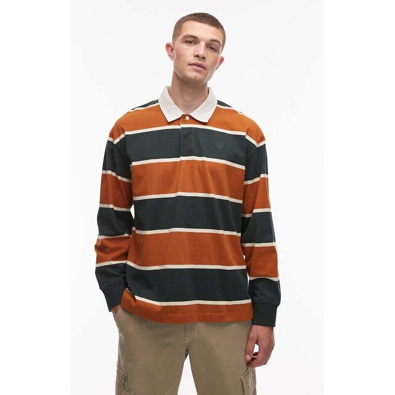 Timberland contrast stripe rugby polo shirt in green and brown
