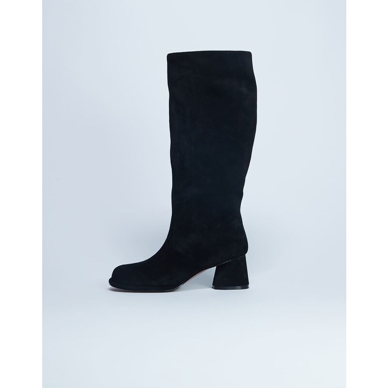 Topshop Thea real suede knee high block heel boot in black 112328739