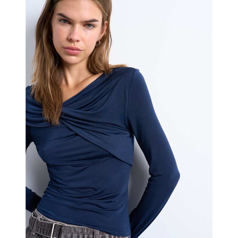 Topshop microfibre draped long sleeve top in navy