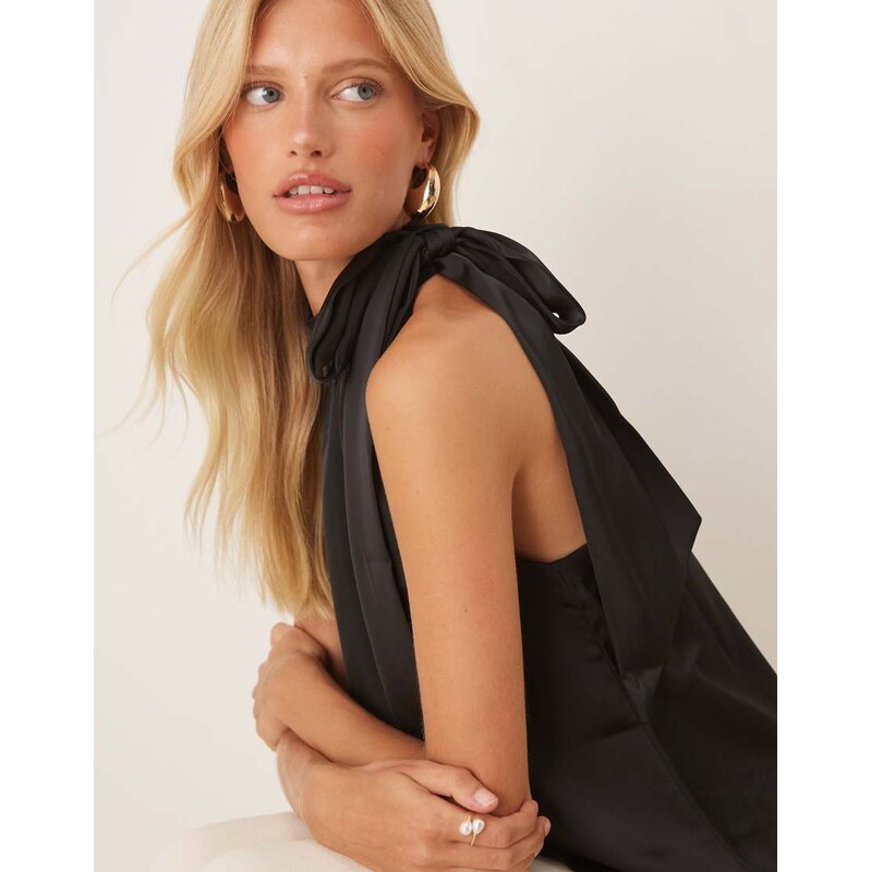 Vila tie neck satin sleeveless top in black-White