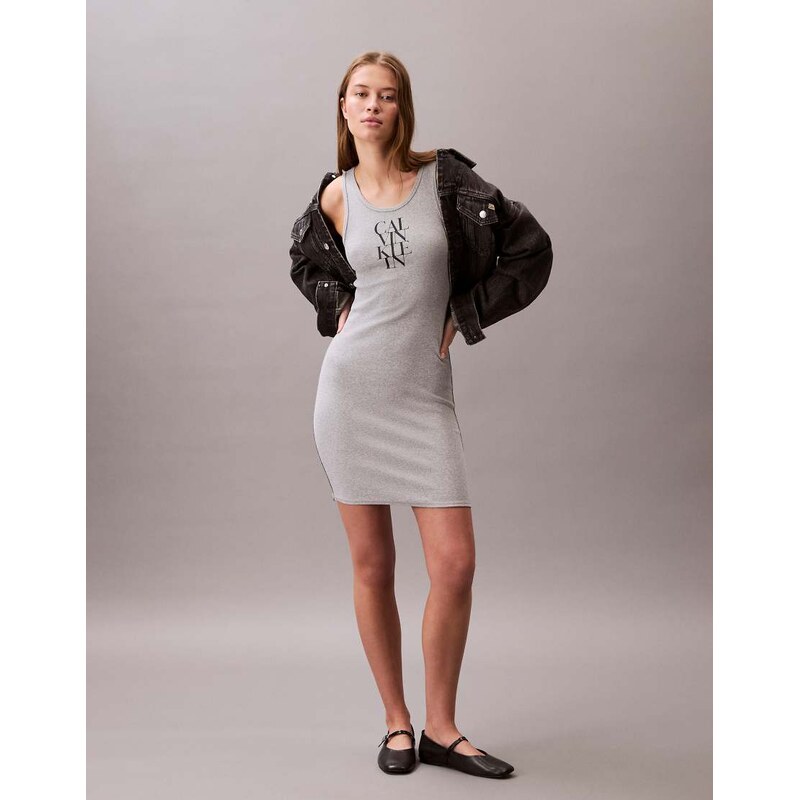 Calvin Klein Jeans sleeveless logo rib mini dress in grey