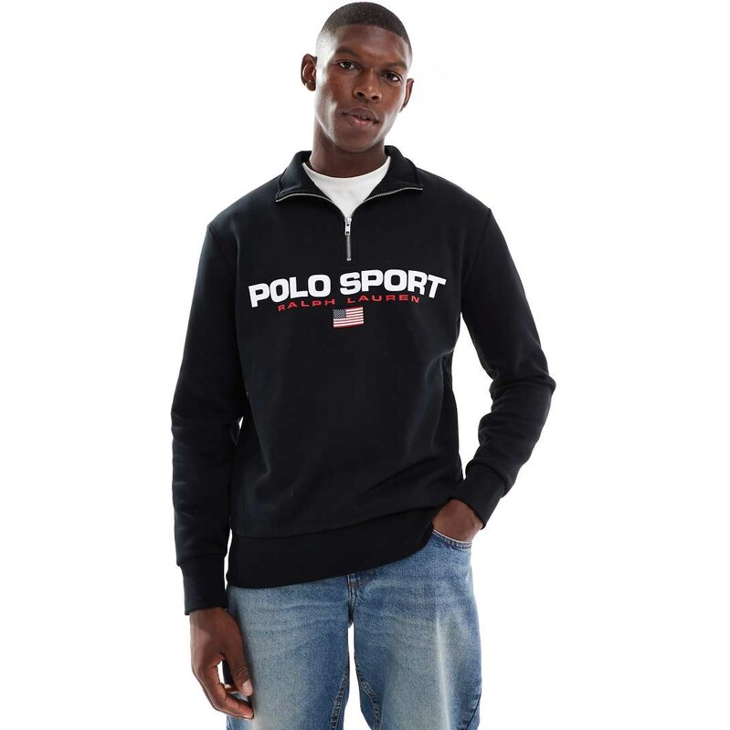 Polo Ralph Lauren Sport flag logo half zip sweatshirt in black