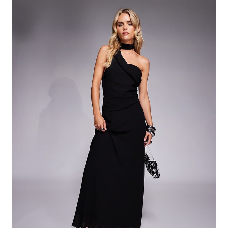 TFNC Petite one shoulder scarf neck maxi dress in black