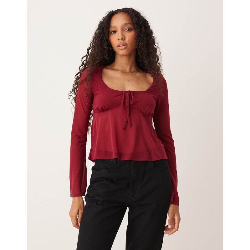 ASOS DESIGN mesh floaty flare sleeve top in burgundy-Red