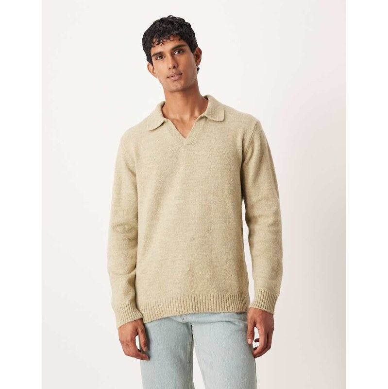 ASOS DESIGN knitted long sleeve notch neck polo in sage green