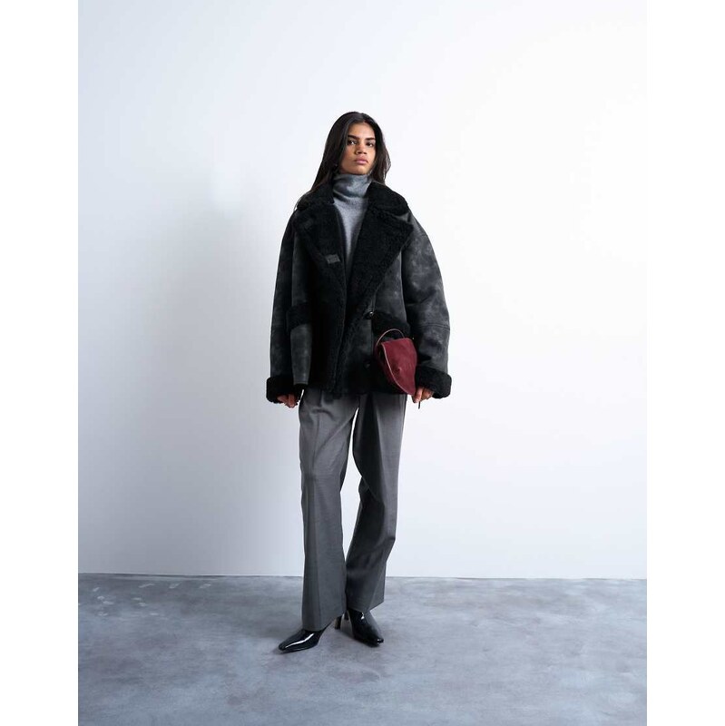 Topshop shearling super oversized car coat in black