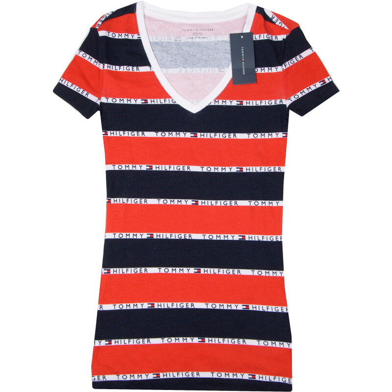 Tommy Hilfiger dámské tričko s krátkým rukávem s pruhy v-neck