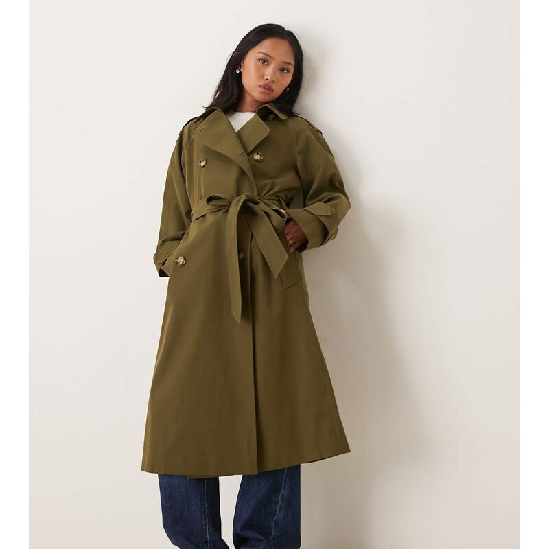 ASOS Petite ASOS DESIGN Petite longline trench coat in olive-Green 108152585