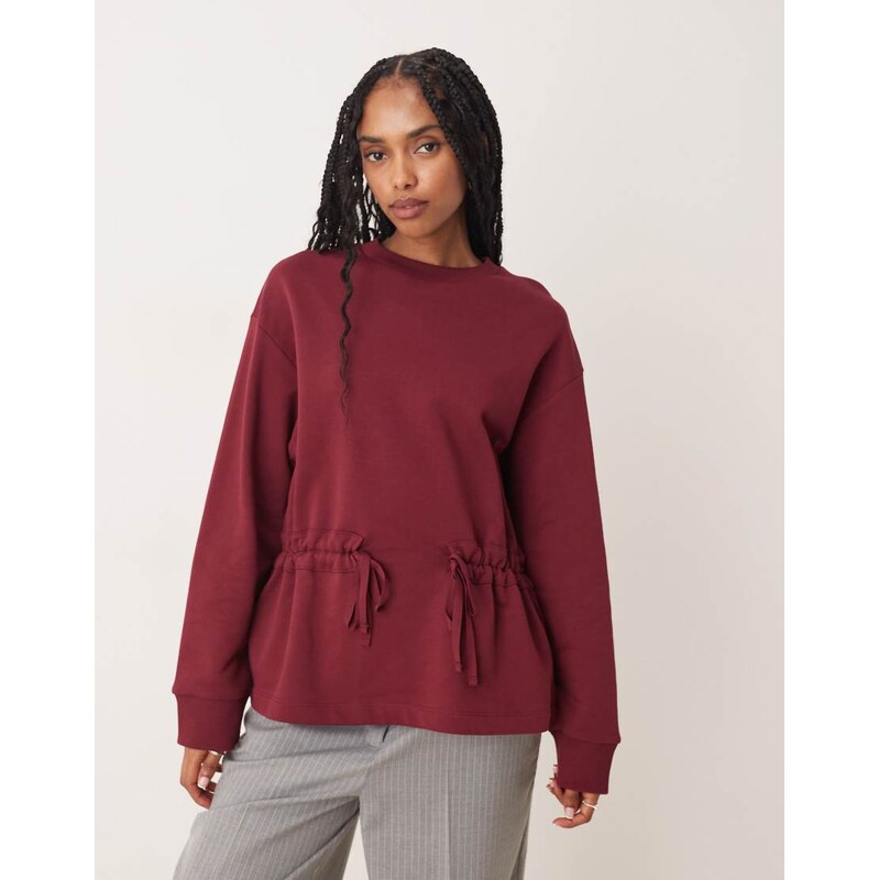 ASOS DESIGN sweat with ruched bow detail in burgundy-Red