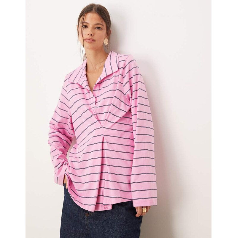 ASOS DESIGN tuck detail rugby top in pink and navy stripe-Multi