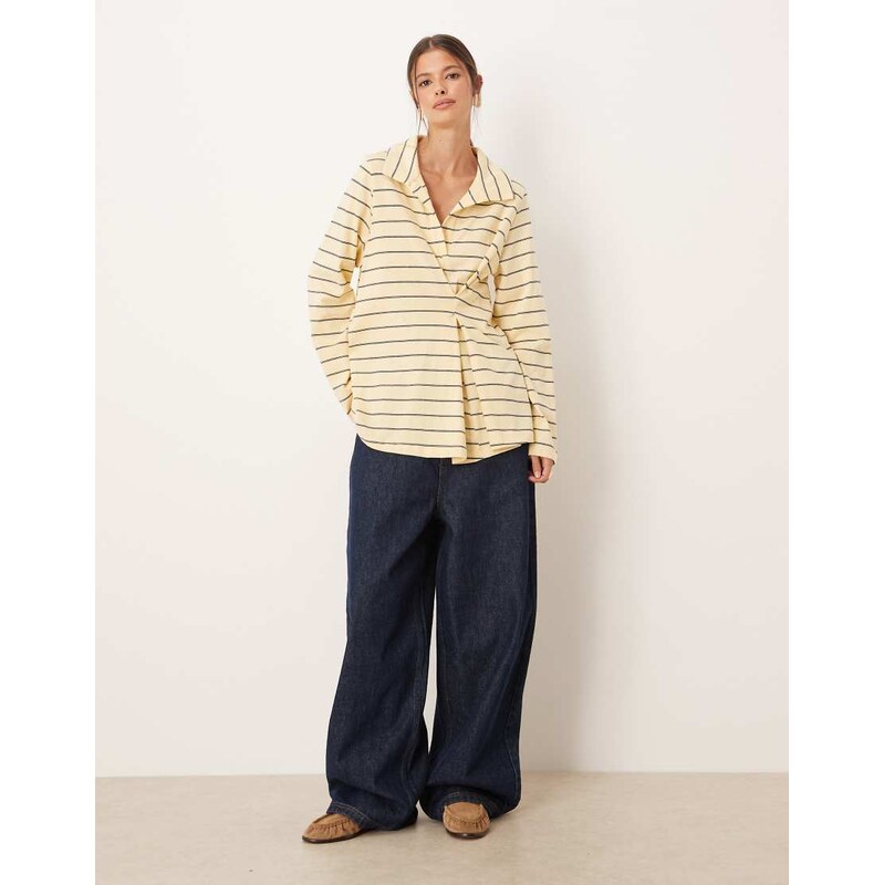 ASOS DESIGN tuck detail rugby top in stripe buttermilk stripe