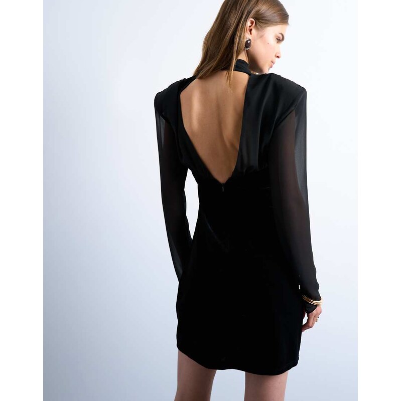Topshop long sleeve velvet and chiffon mix mini dress with