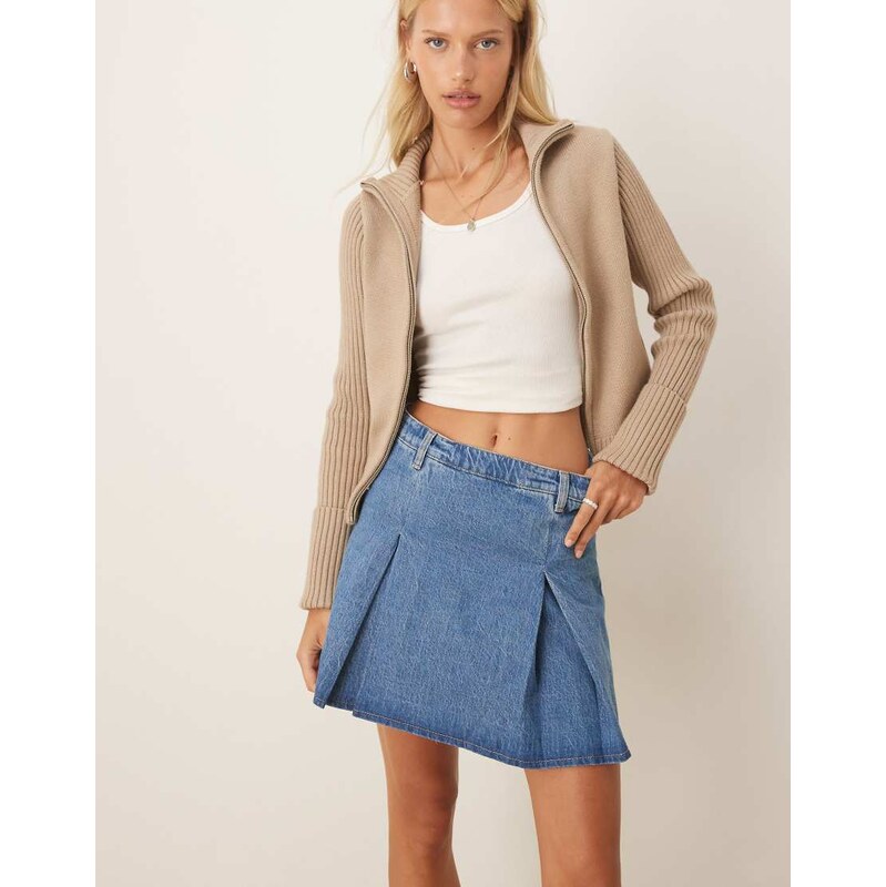 ASOS DESIGN denim pleated midi skirt in dark mid blue