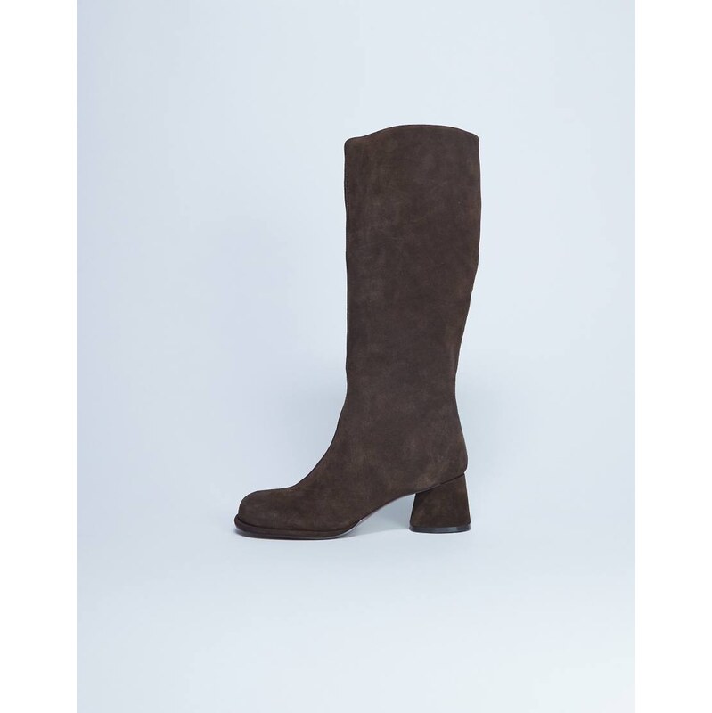 Topshop Thea real suede knee high block heel boot in chocolate-Brown 115512745