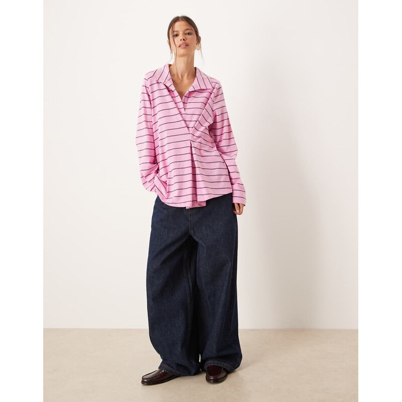 ASOS DESIGN tuck detail rugby top in pink and navy stripe-Multi