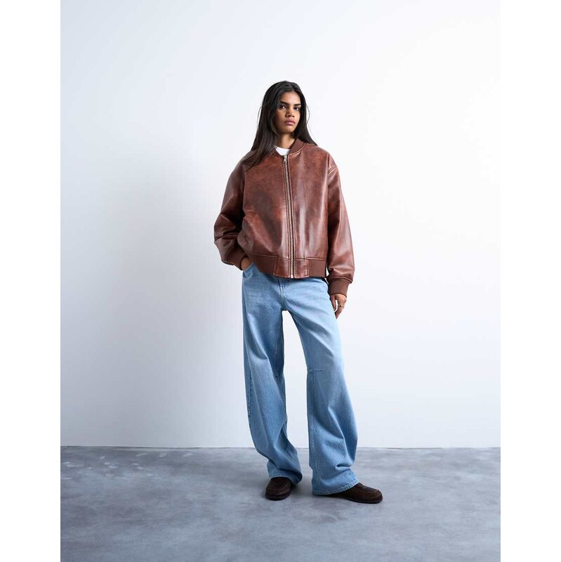 Topshop faux leather vintage wash oversized collarless bomber jacket 108022924