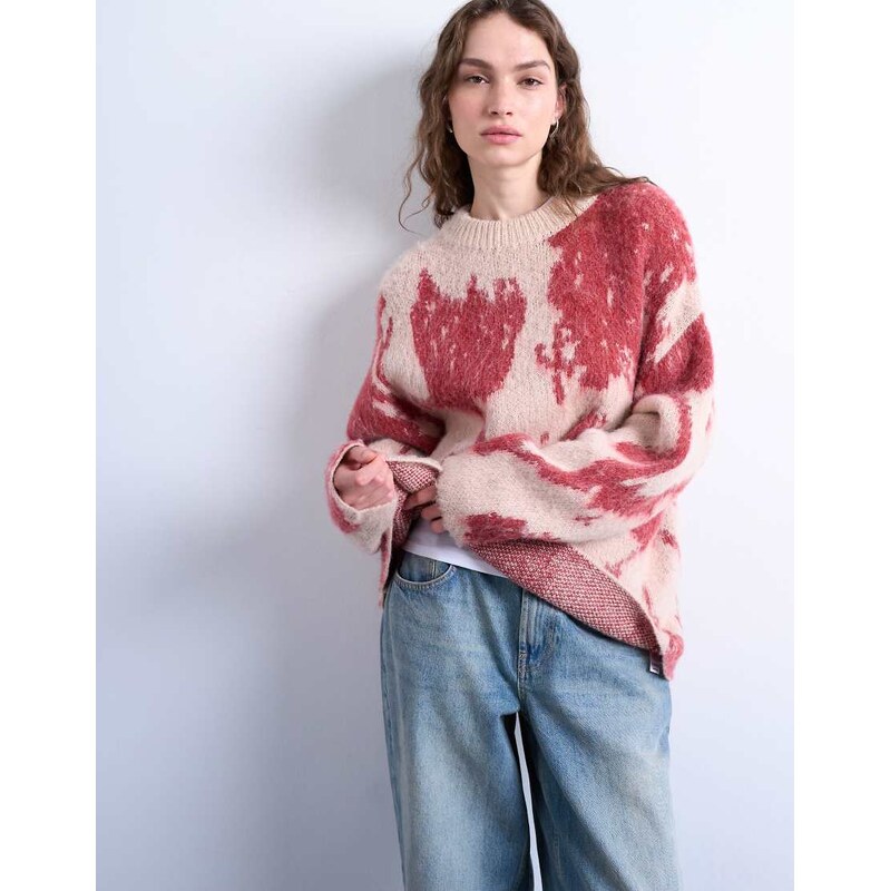 Topshop knitted blurred floral jumper in pink