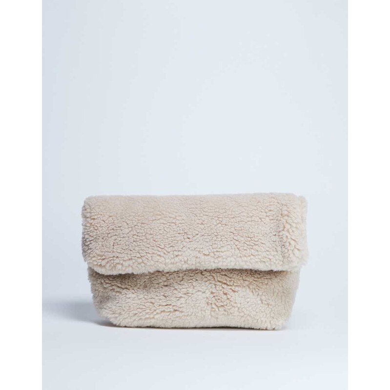 Topshop Georgia folded borg clutch grab bag in beige-Neutral