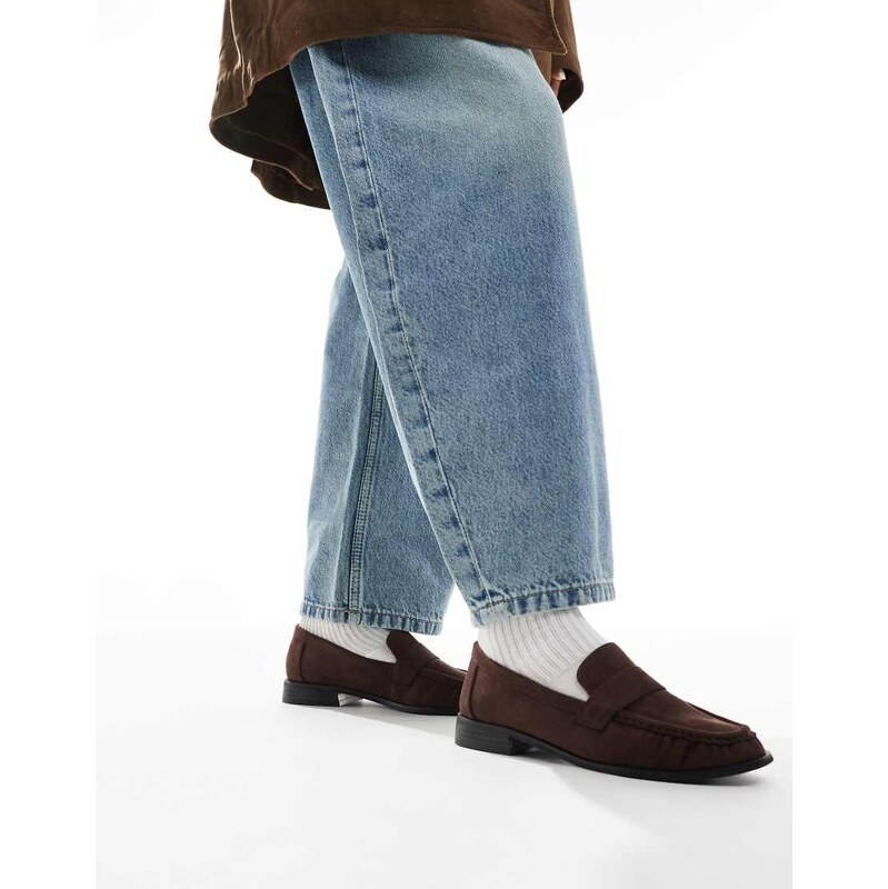 London Rebel Sadie ruched detail loafers in suedette chocolate